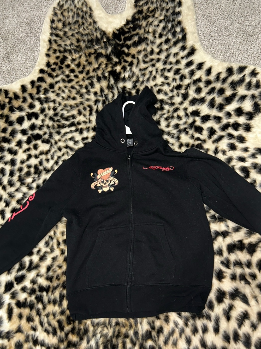 Ed Hardy Black Hoodie with Heart & Skull Patch and Red Script